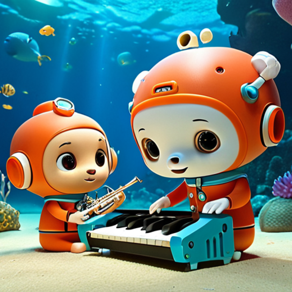 **Octonauts underwater scene, whimsical instruments composing a melody, vibrant coral, children listening intently.** (Focus: Capturing the musical creation process within the Octonauts setting.)
