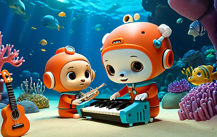 **Octonauts underwater scene, whimsical instruments composing a melody, vibrant coral, children listening intently.** (Focus: Capturing the musical creation process within the Octonauts setting.)