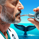 **Vizo using his marine stethoscope to listen to a blue whale's heartbeat, clear turquoise water background, sunny day, animated style.**