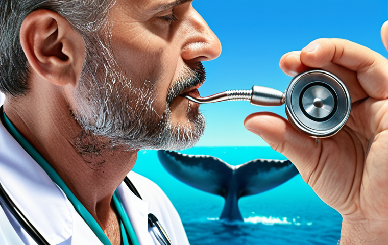 **Vizo using his marine stethoscope to listen to a blue whale's heartbeat, clear turquoise water background, sunny day, animated style.**