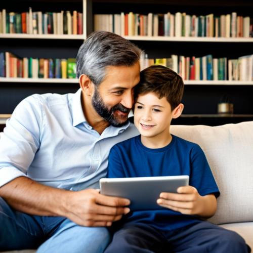 A caring father and his young son (around 7-8 years old), fully clothed in modest, comfortable home attire, sitting together on a cozy sofa in a modern, well-lit living room. The father is gently pointing at a tablet screen, where educational content is displayed, while the son looks on with keen interest. Both have warm, natural expressions, engaged in a conversation about the content. The background shows a clean, organized living space with bookshelves and soft lighting, suggesting a family-friendly atmosphere. Professional photography, high quality, perfect anatomy, correct proportions, natural pose, well-formed hands, proper finger count, natural body proportions, appropriate content, safe for work, family-friendly, fully clothed.