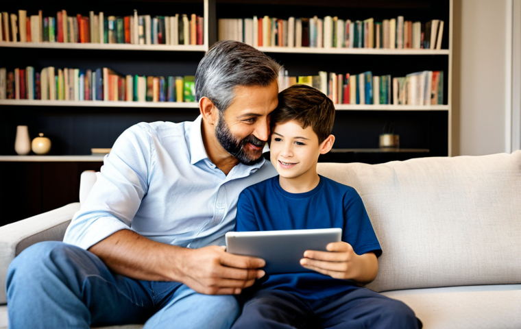 A caring father and his young son (around 7-8 years old), fully clothed in modest, comfortable home attire, sitting together on a cozy sofa in a modern, well-lit living room. The father is gently pointing at a tablet screen, where educational content is displayed, while the son looks on with keen interest. Both have warm, natural expressions, engaged in a conversation about the content. The background shows a clean, organized living space with bookshelves and soft lighting, suggesting a family-friendly atmosphere. Professional photography, high quality, perfect anatomy, correct proportions, natural pose, well-formed hands, proper finger count, natural body proportions, appropriate content, safe for work, family-friendly, fully clothed.