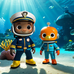 A professional image of Captain Barnacles, Kwazii, and Peso from the Octonauts in their iconic, fully clothed uniforms, exploring a vibrant deep-sea coral reef. The scene showcases diverse, accurately detailed marine life and pristine underwater flora. They are in a natural pose, collaborating and observing a fascinating, luminescent sea creature. The lighting is cinematic, with shafts of sunlight filtering through the water. Professional photography, high resolution, sharp focus, vivid colors, perfect anatomy, correct proportions, well-formed hands, proper finger count, natural body proportions. safe for work, appropriate content, fully clothed, professional, modest, family-friendly.