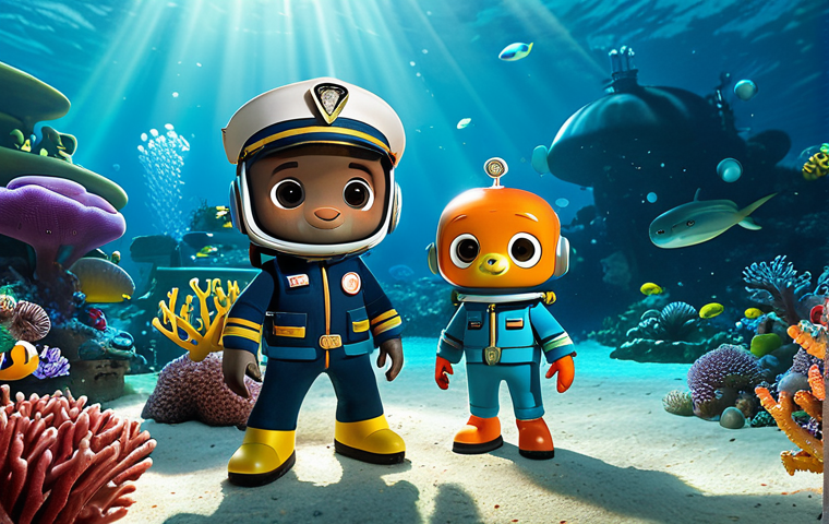 A professional image of Captain Barnacles, Kwazii, and Peso from the Octonauts in their iconic, fully clothed uniforms, exploring a vibrant deep-sea coral reef. The scene showcases diverse, accurately detailed marine life and pristine underwater flora. They are in a natural pose, collaborating and observing a fascinating, luminescent sea creature. The lighting is cinematic, with shafts of sunlight filtering through the water. Professional photography, high resolution, sharp focus, vivid colors, perfect anatomy, correct proportions, well-formed hands, proper finger count, natural body proportions. safe for work, appropriate content, fully clothed, professional, modest, family-friendly.