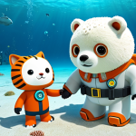 Barnacles and Kwazii - Learning to Swim**

"Barnacles, a polar bear in a modest Octonauts uniform, is patiently teaching Kwazii, an orange cat in an Octonauts uniform, how to swim in shallow, clear ocean water. Kwazii looks hesitant but determined. Sandy seabed with colorful coral in the background. Bright, sunny day. Safe for work, appropriate content, fully clothed, family-friendly, perfect anatomy, correct proportions, natural pose, well-formed hands, proper finger count, natural body proportions."

**