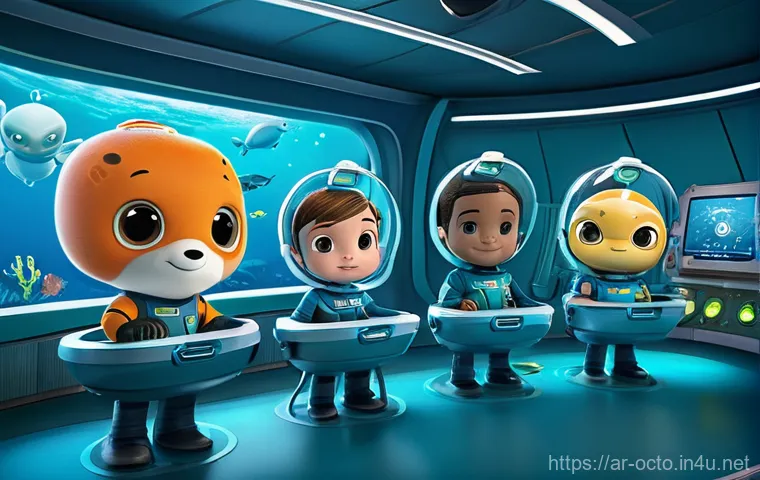 옥토넛 캐릭터의 성격 비교 - **Prompt:** An interior shot of the Octopod's advanced research lab, bustling with activity. Shiling...