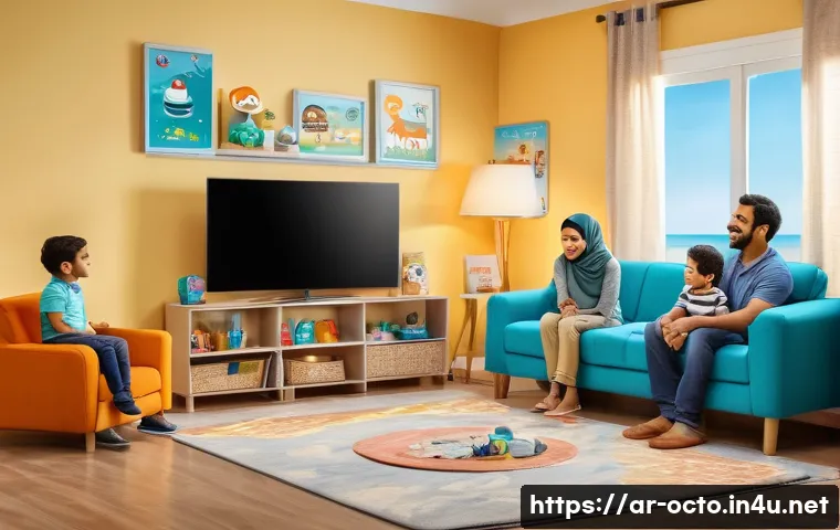 옥토넛 애니메이션 광고 파급 효과 - A warm and colorful family living room scene featuring Arab parents and two children watching the an...
