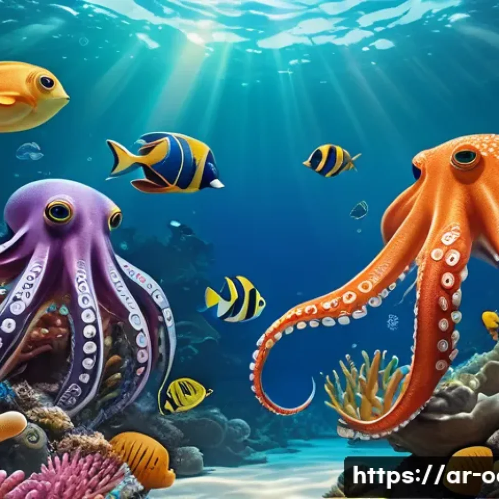 옥토넛의 창작 과정 다큐멘터리 - A vibrant underwater scene featuring a diverse group of animated octopus characters inspired by real...