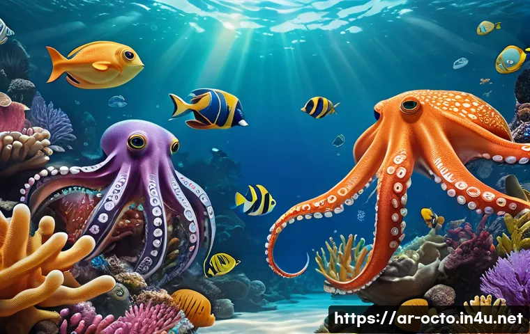 옥토넛의 창작 과정 다큐멘터리 - A vibrant underwater scene featuring a diverse group of animated octopus characters inspired by real...