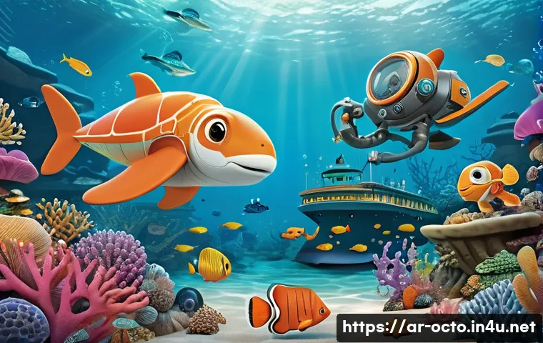 옥토넛 책과 애니메이션 차이점 - A detailed illustration of the Octonauts book scene showing an underwater marine exploration: vibran...