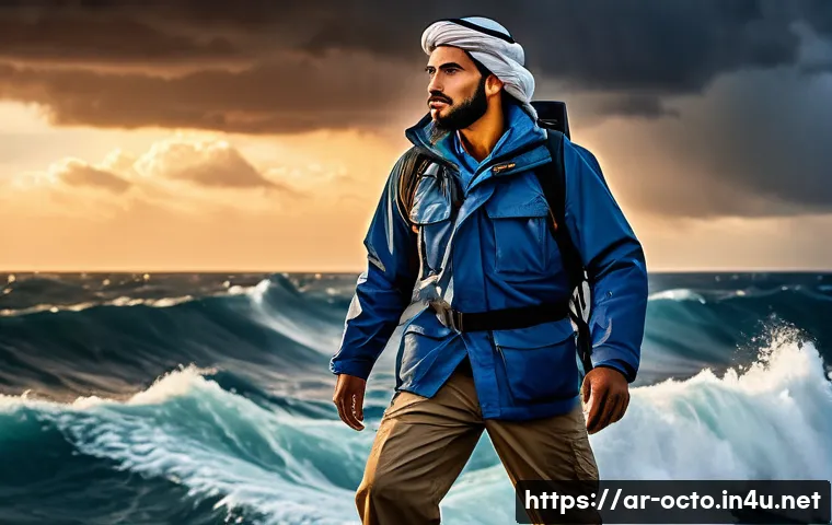 옥토넛 퀘이지의 도전정신 - A brave Arab male explorer named Kouiji, dressed in practical, modest expedition gear with a sturdy ...