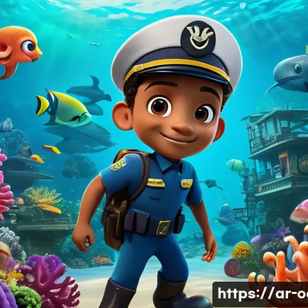 옥토넛 캐릭터별 성격 유형 분석 - A vibrant underwater scene featuring Captain Barkley, a brave and wise octopus character, leading hi...