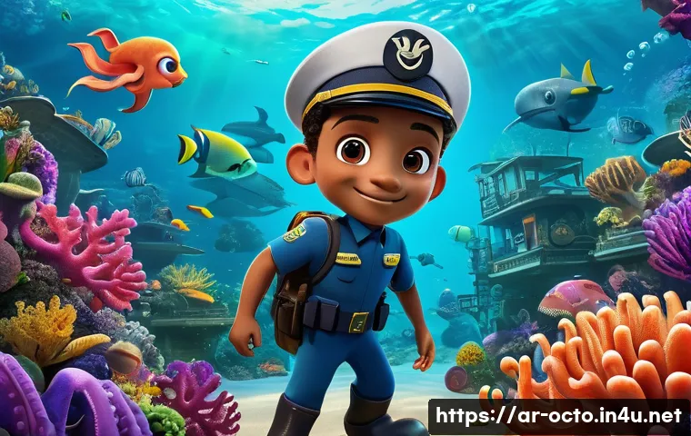 옥토넛 캐릭터별 성격 유형 분석 - A vibrant underwater scene featuring Captain Barkley, a brave and wise octopus character, leading hi...