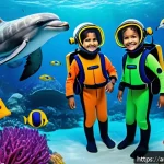 옥토넛 바나클스의 모험 철학 - A vibrant underwater scene depicting a diverse group of children wearing colorful, modest underwater...
