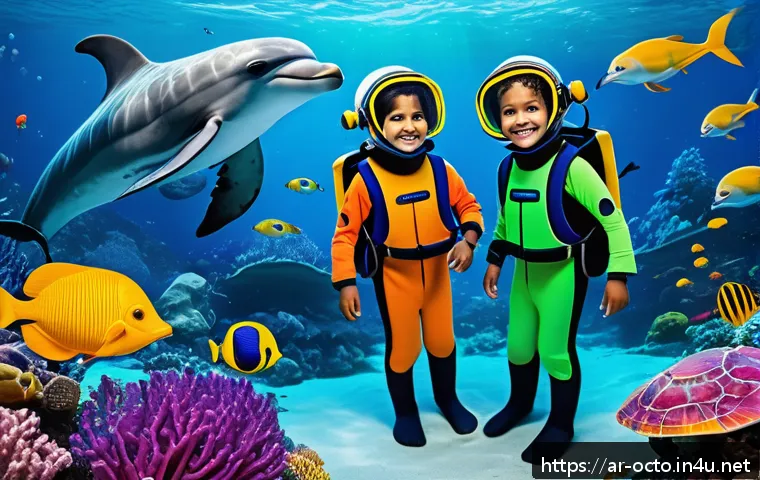 옥토넛 바나클스의 모험 철학 - A vibrant underwater scene depicting a diverse group of children wearing colorful, modest underwater...