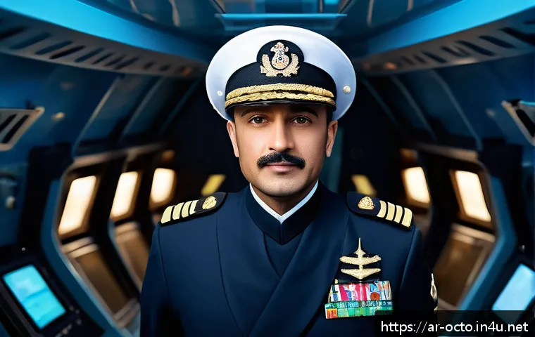 옥토넛 바나클스 대장 캐릭터 분석 - A calm and composed male underwater captain in his mid-40s, wearing a detailed navy-blue uniform wit...