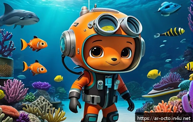 옥토넛과 실제 탐험대의 차이점 - A vibrant underwater scene inspired by Octonauts, featuring a diverse crew of animated characters we...