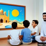 옥토넛 제작사와의 협업 사례 - A vibrant interactive classroom scene set in a modern Middle Eastern home, featuring an Arabic-speak...