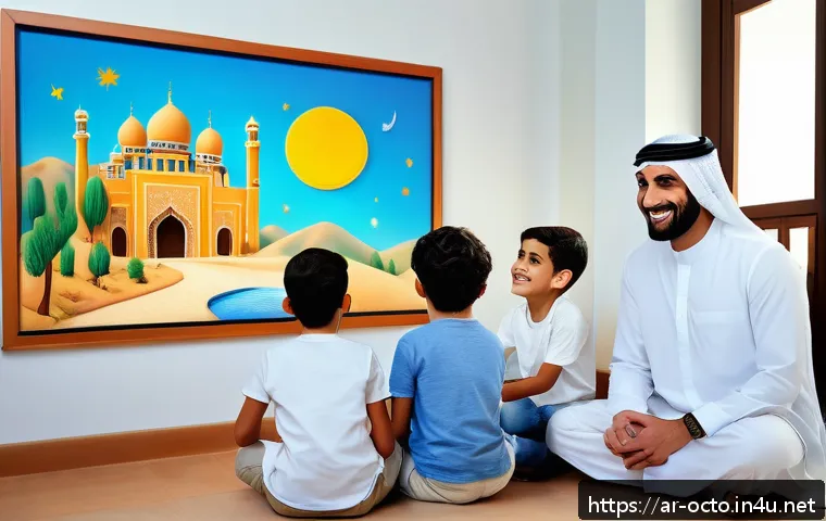 옥토넛 제작사와의 협업 사례 - A vibrant interactive classroom scene set in a modern Middle Eastern home, featuring an Arabic-speak...