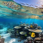옥토넛 퀘이지와 해양 모험 - A vibrant underwater coral reef scene featuring colorful butterfly fish wearing delicate reef-safe s...