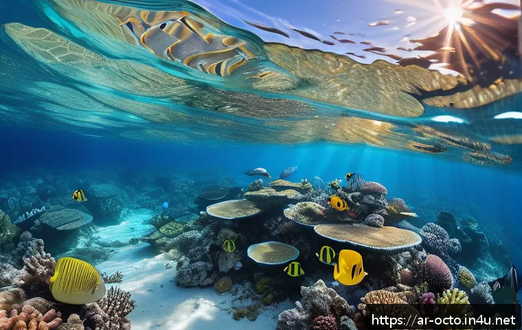 옥토넛 퀘이지와 해양 모험 - A vibrant underwater coral reef scene featuring colorful butterfly fish wearing delicate reef-safe s...