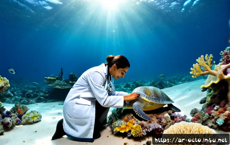 옥토넛 페이소의 의학적 성과 - Photorealistic underwater marine rescue scene, a gentle black-and-white penguin veterinarian wearing...