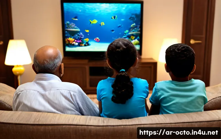 옥토넛 시청 연령대와 반응 분석 - Photorealistic family living room in an Arab home, three generations comfortably watching a colorful...